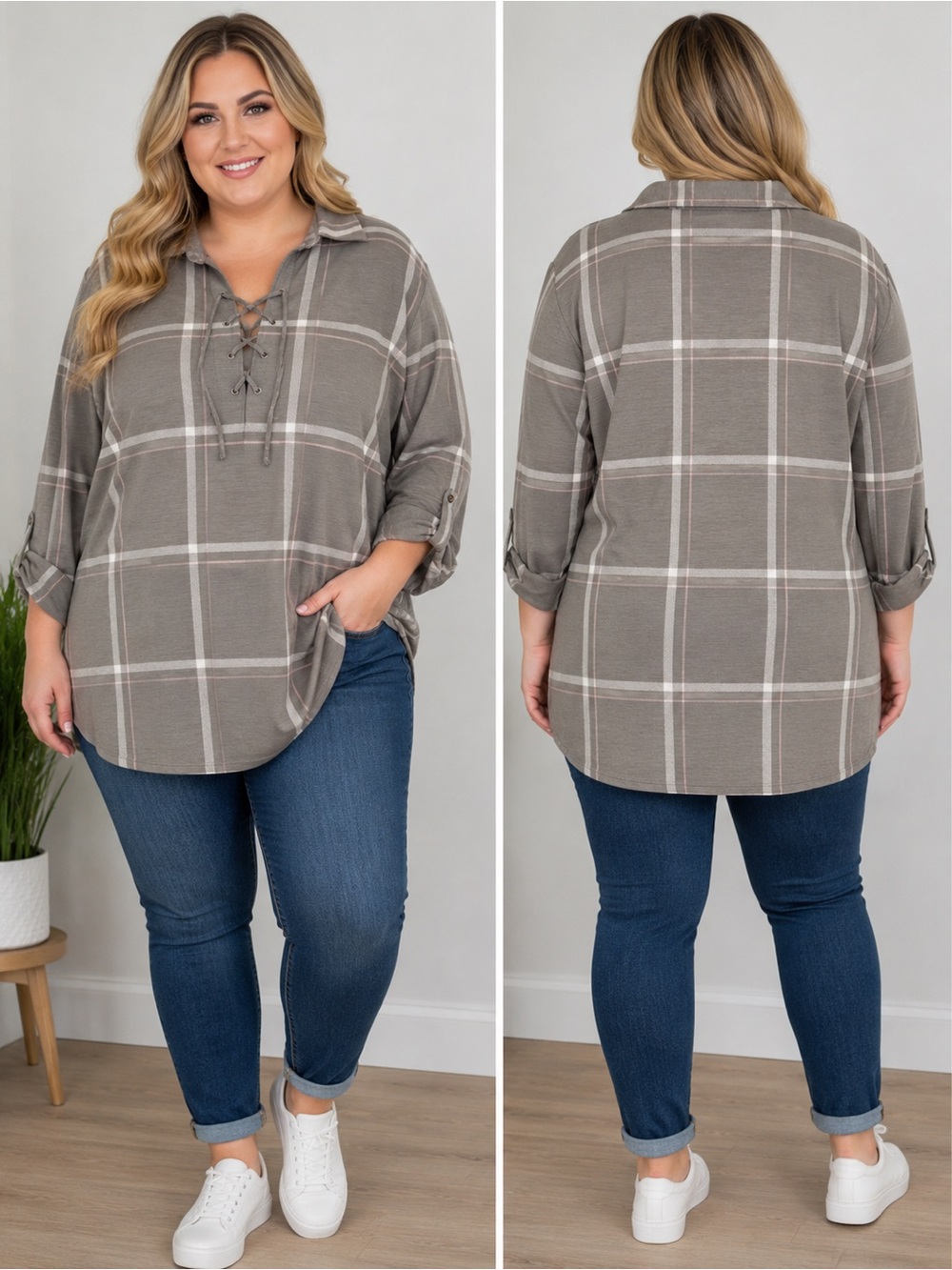 mySTYLE Women’s 2X Gray Plaid Lace-Up Tunic Top Long Sleeve Stretch